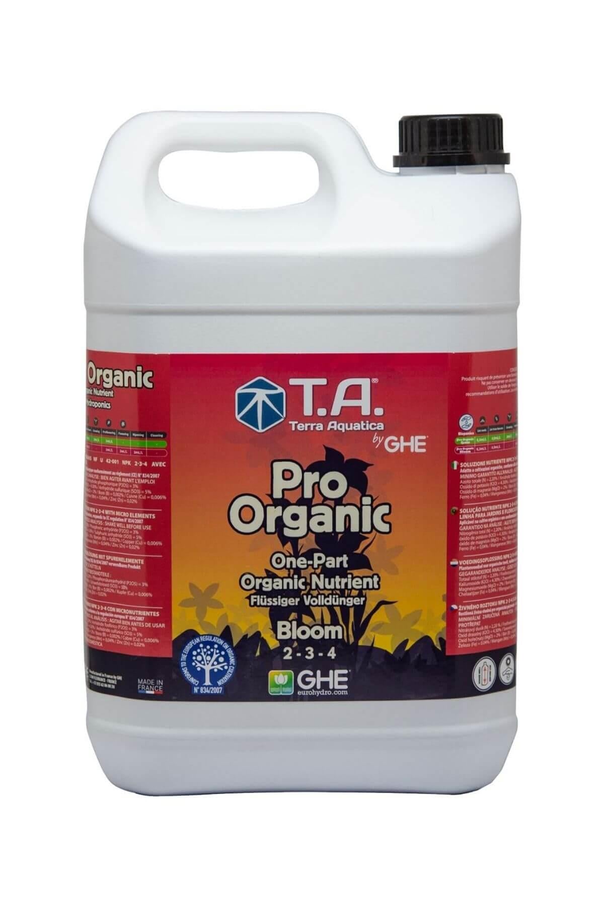 Terra Aquatica Pro Organic Bloom 5 litre – beyaz kapaklı şişe, renkli etiket ve Pro Organic Bloom yazısı