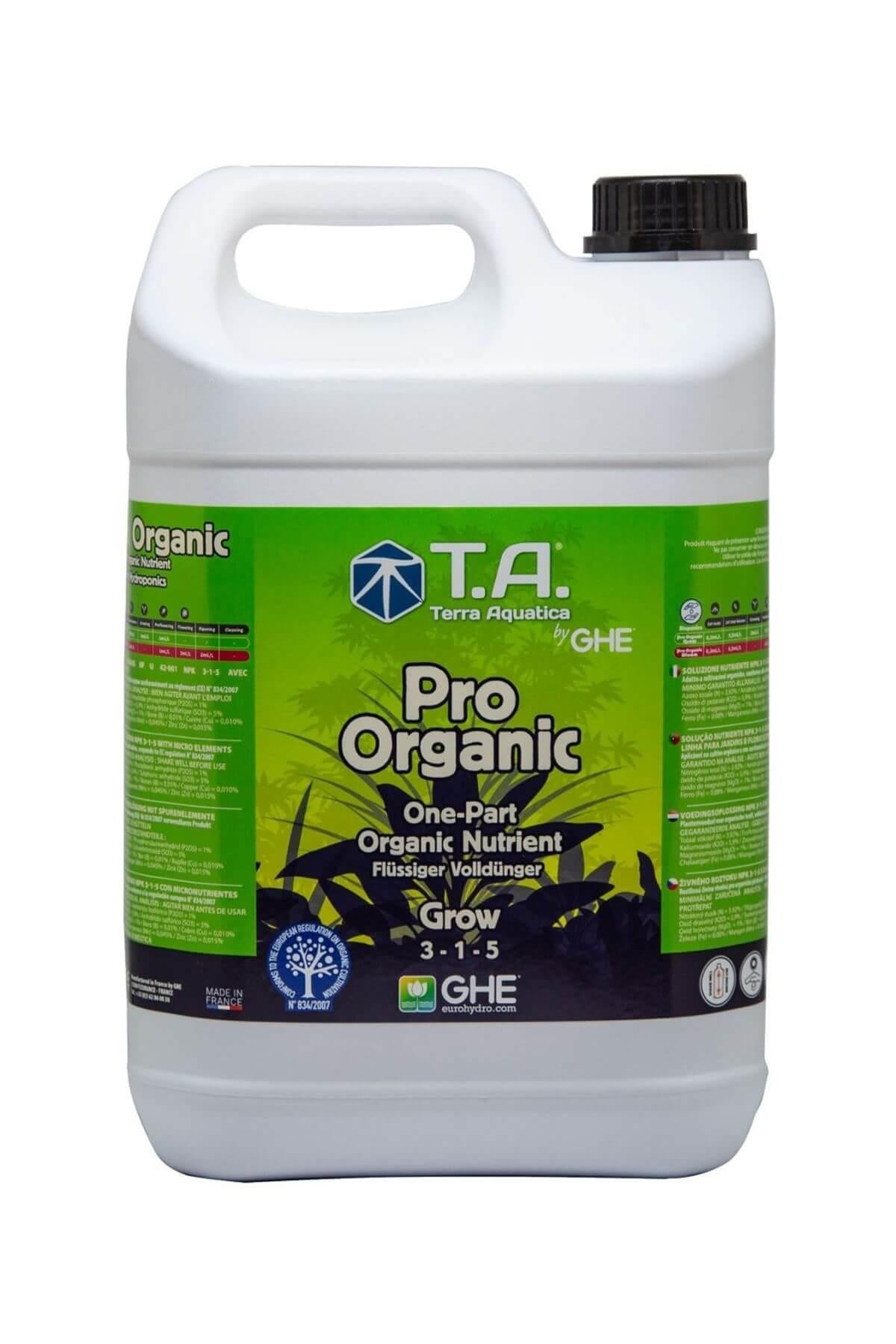 Terra Aquatica Pro Organic Grow 5 litre – beyaz kapaklı şişe, yeşil etiket ve Pro Organic Grow yazısı
