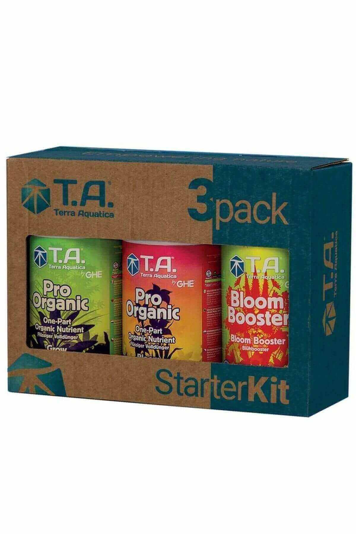 Terra Aquatica Pro Organic Starter Kit – yan yana duran üç beyaz şişe ve küçük Trikologic kutusundan oluşan set