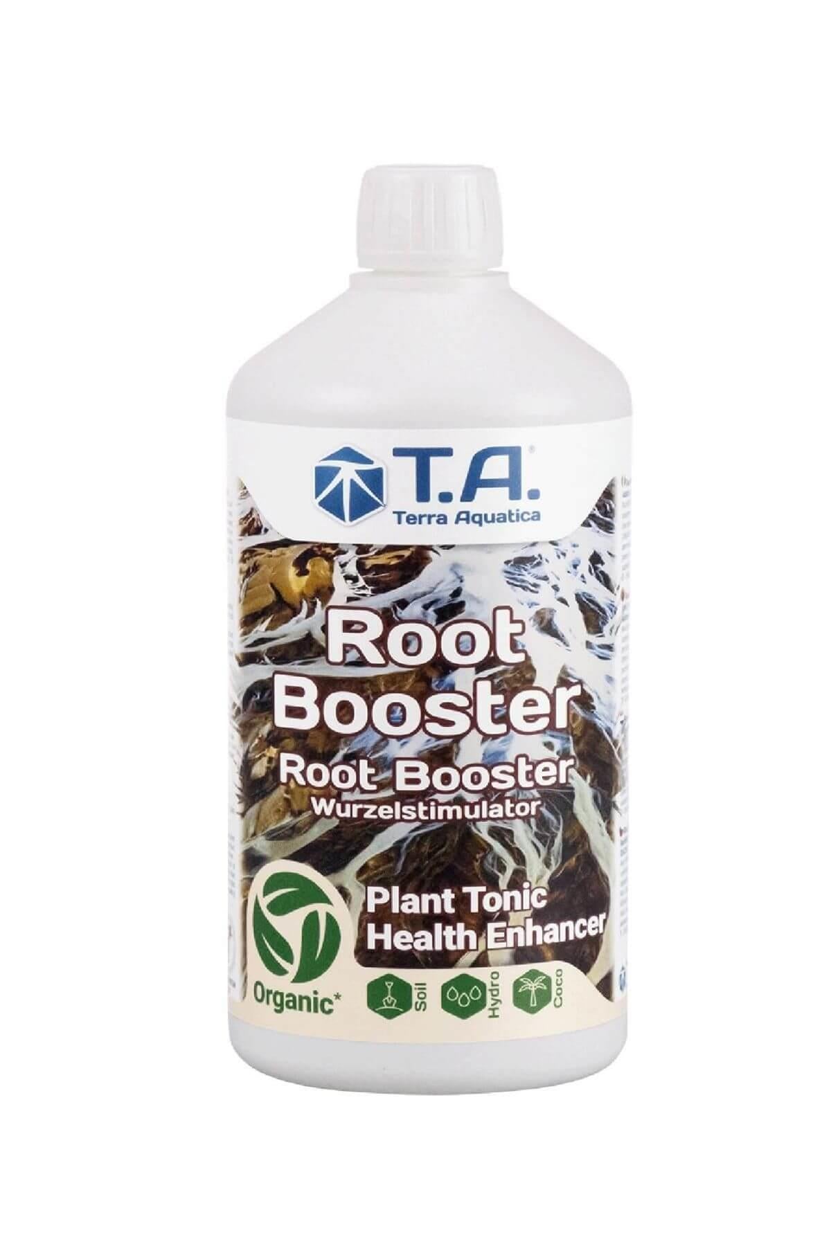 Terra Aquatica Root Booster 1 litre – beyaz şişe, kök görselli etiket ve Root Booster yazısı, T.A. logosu