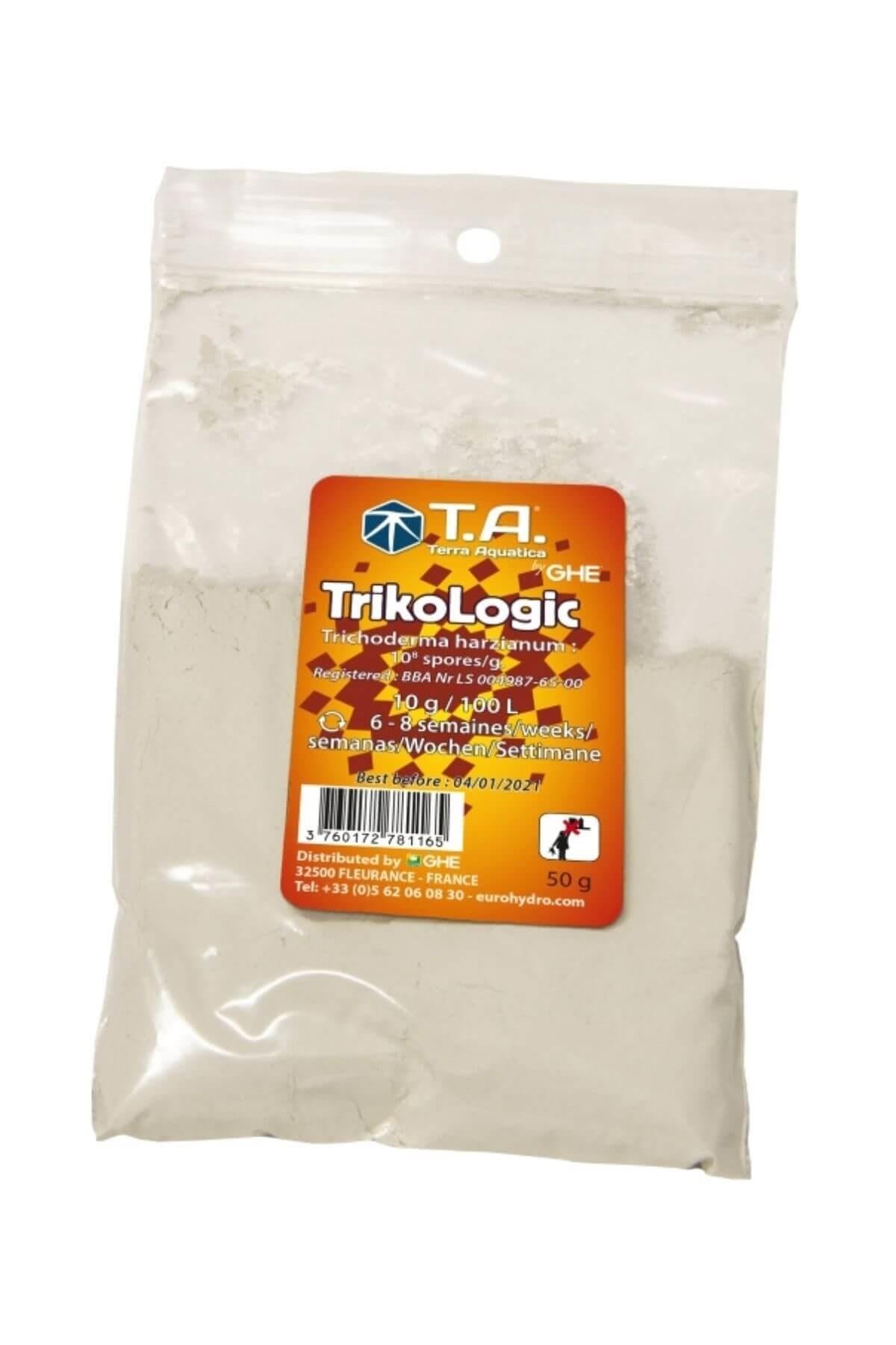 Terra Aquatica Trikologic 50 gr – beyaz yeşil etiketli küçük kutu ve Trikologic yazısı, T.A. logosu