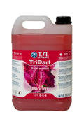 Terra Aquatica TriPart Bloom 5 litre – turuncu kırmızı sıvı dolu şişe, çiçek görselli etiket ve Bloom yazısı