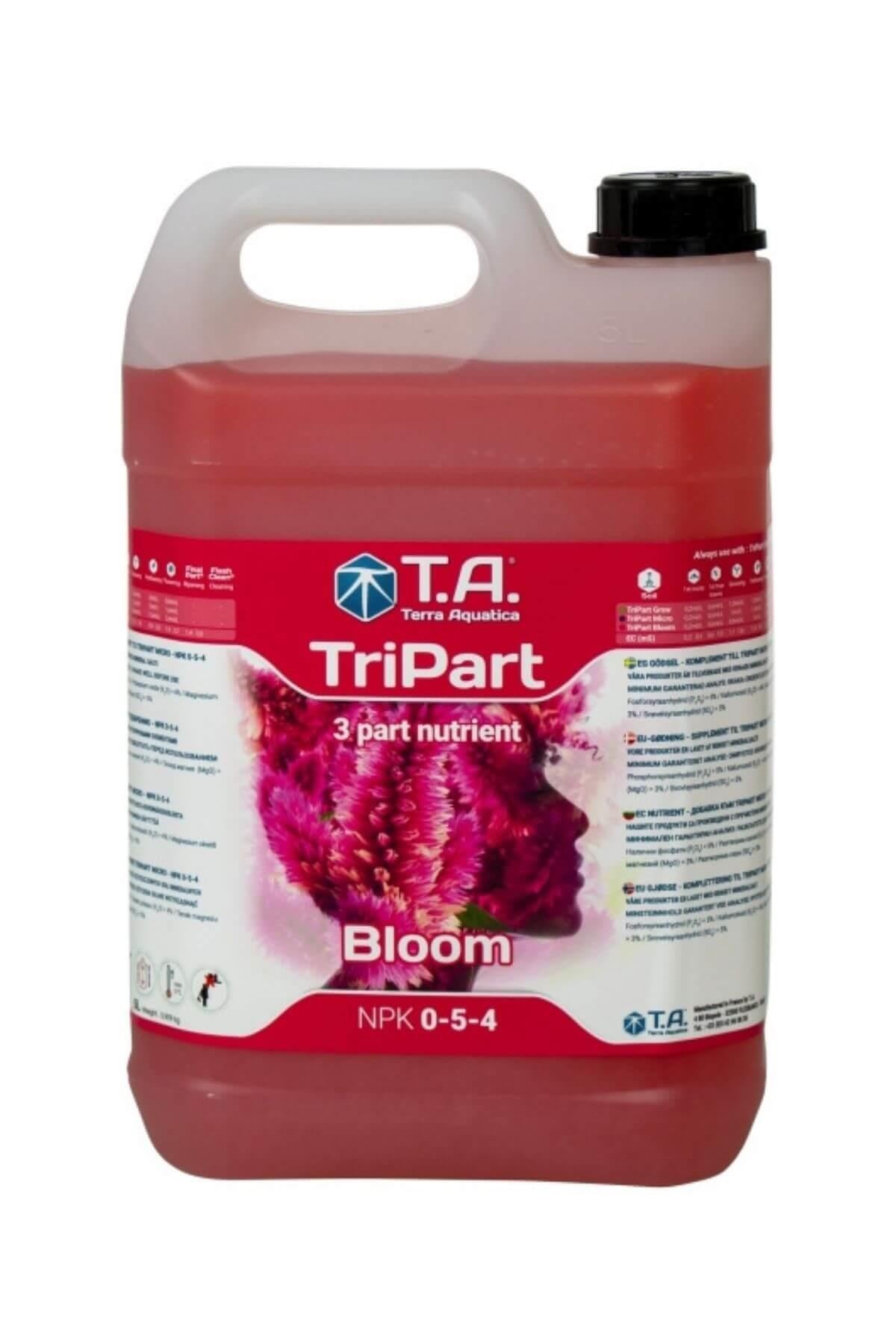 Terra Aquatica TriPart Bloom 5 litre – turuncu kırmızı sıvı dolu şişe, çiçek görselli etiket ve Bloom yazısı