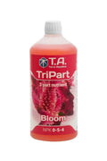 Terra Aquatica TriPart Bloom 1 litre – turuncu kırmızı sıvı dolu şişe, çiçek görselli etiket ve Bloom yazısı