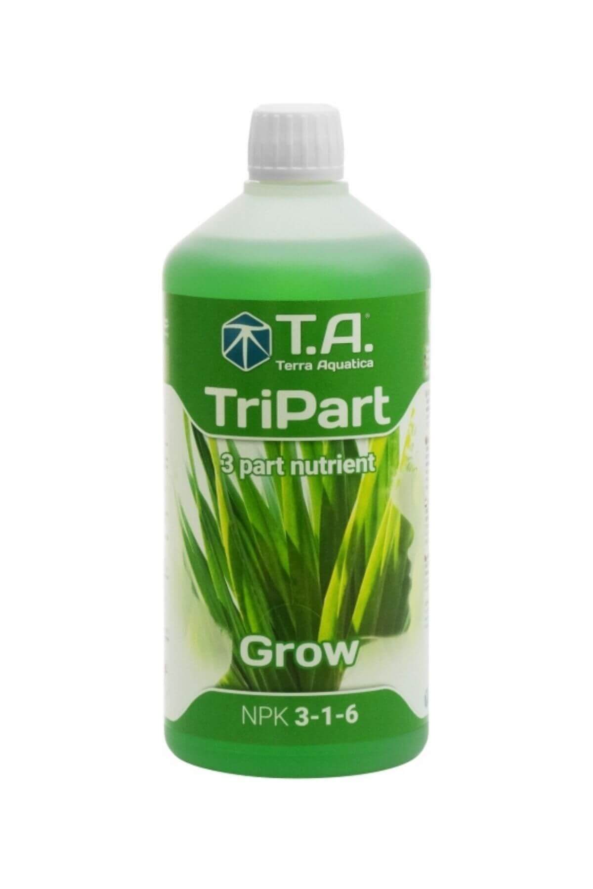 Terra Aquatica TriPart Grow 1 litre – beyaz kapaklı şişede yeşil sıvı, T.A. logolu yeşil etiket ve Grow yazısı
