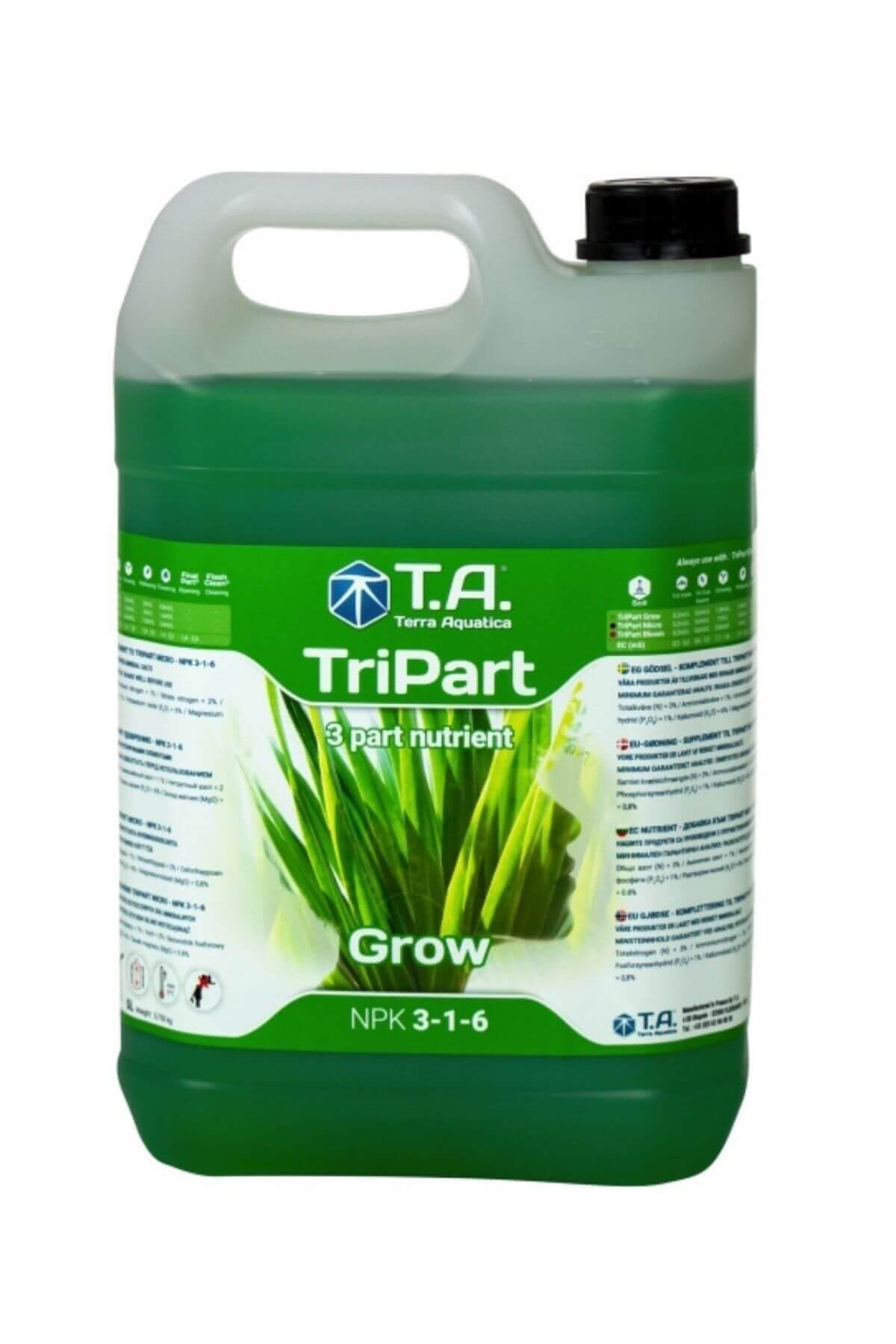 Terra Aquatica TriPart Grow 5 litre – beyaz kapaklı şişede yeşil sıvı, T.A. logolu yeşil etiket ve Grow yazısı