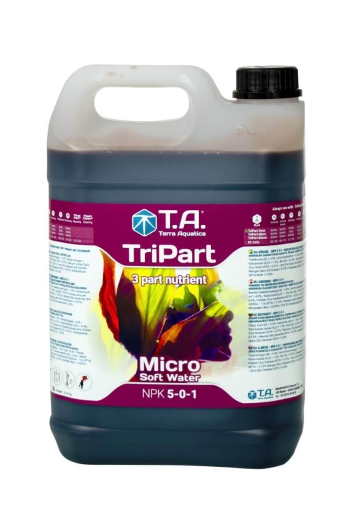 Terra Aquatica TriPart Micro Soft Water 5 litre – koyu bordo sıvı dolu şişe, bordo etiket ve Micro Soft Water yazısı