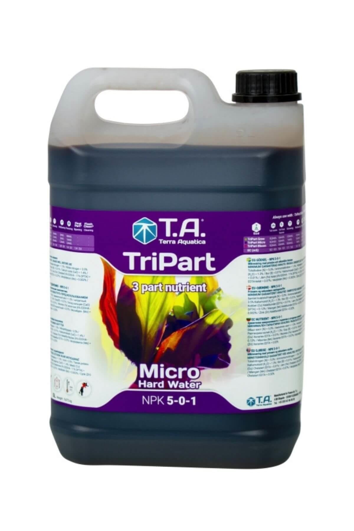 Terra Aquatica TriPart Micro Hard Water 5 litre – koyu renkli sıvı dolu beyaz kapaklı şişe ve Hard Water etiketi