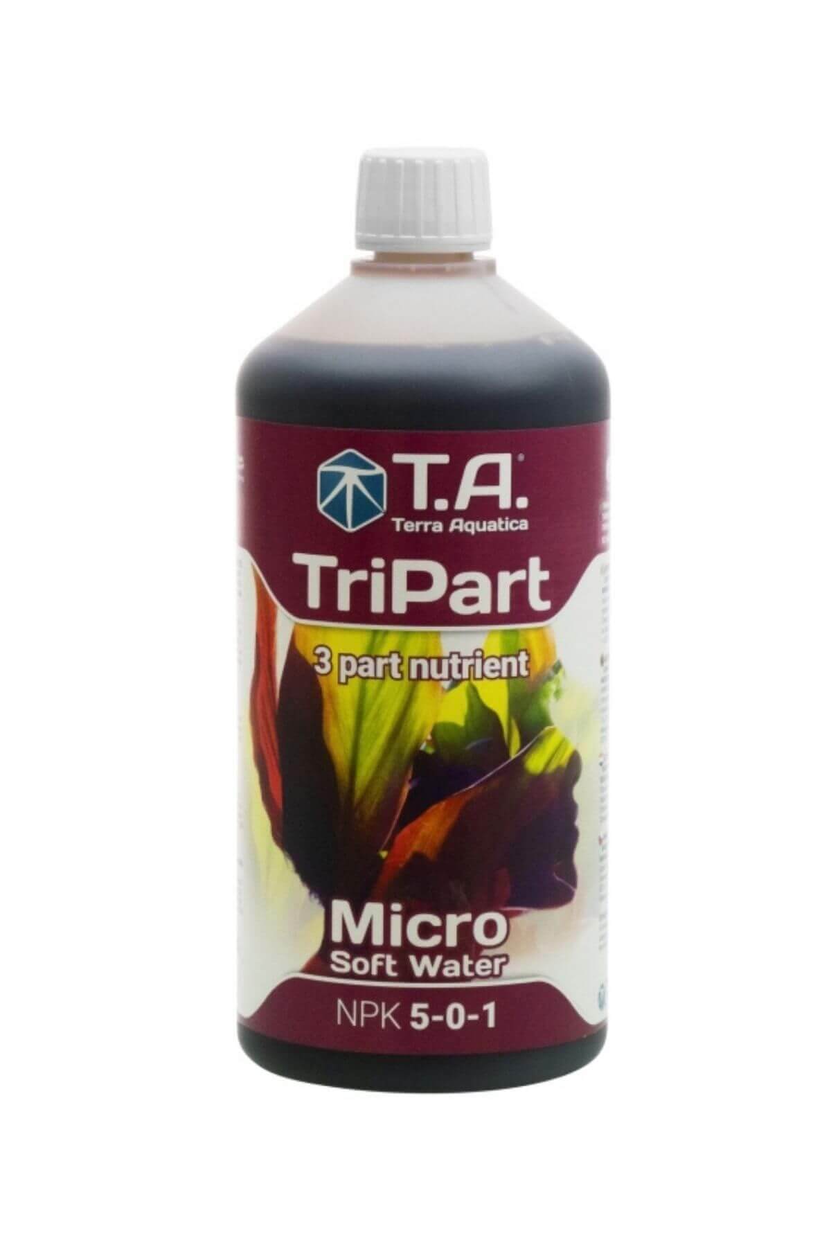 Terra Aquatica TriPart Micro Soft Water 1 litre – koyu bordo sıvı dolu şişe, bordo etiket ve Micro Soft Water yazısı