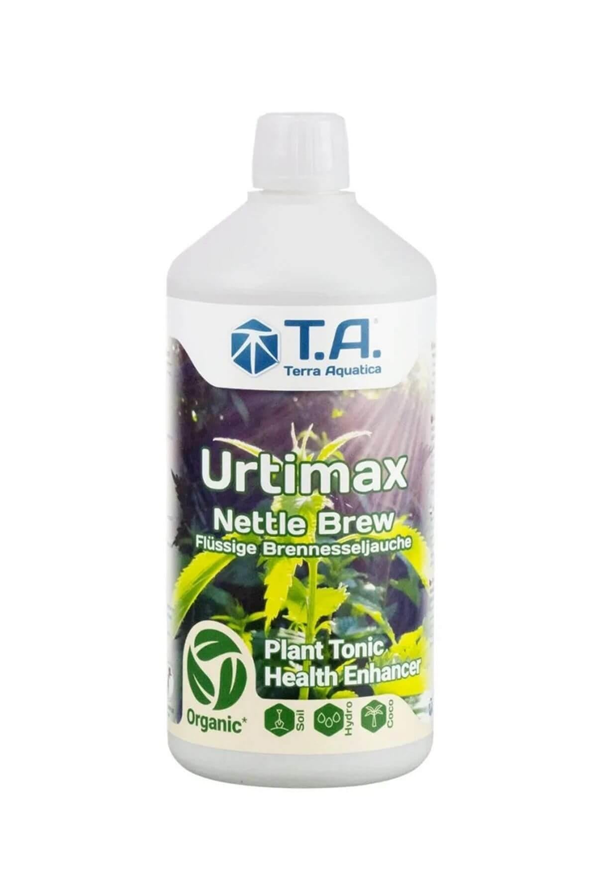 Terra Aquatica Urtimax 1 litre – beyaz şişe, yeşil ısırgan yaprağı görselli etiket ve Urtimax yazısı