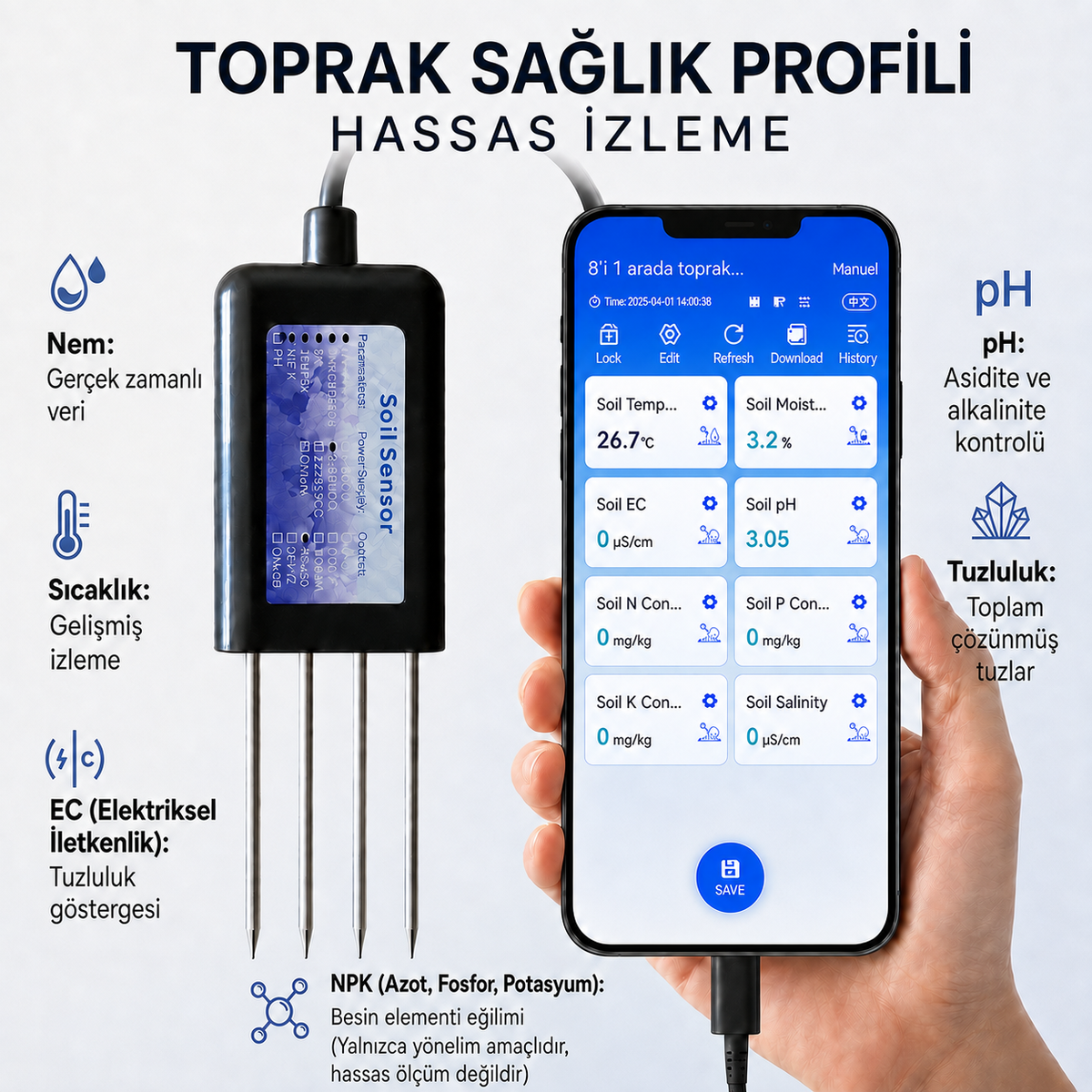 Android Telefona Takılan Toprak Probu – USB-C ile Nem, EC, pH, Tuz ve NPK Eğilimi