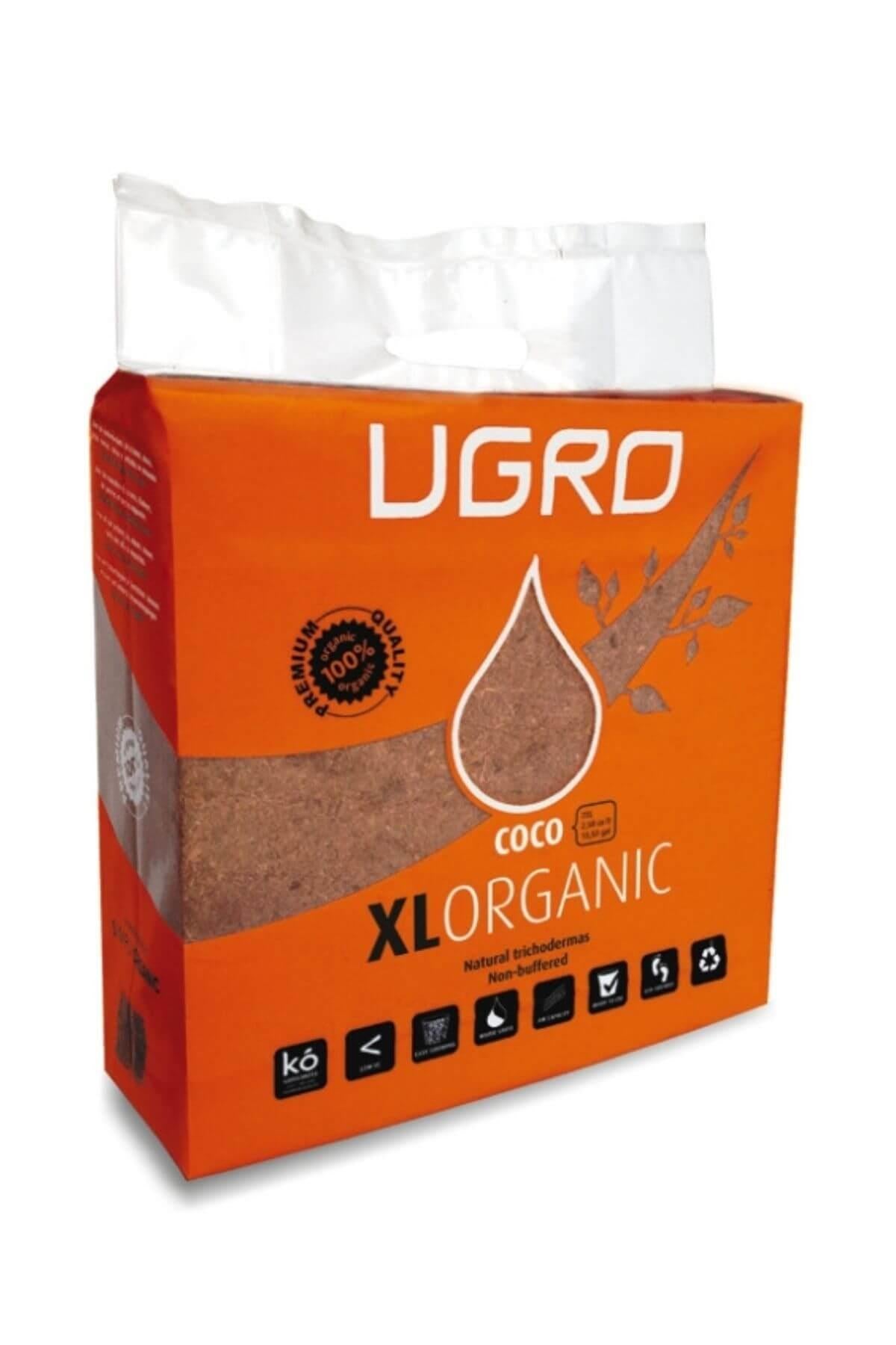 UGro XL organik coco briket 70 litre – dikdörtgen preslenmiş coco bloğu ve ambalaj etiketi görseli