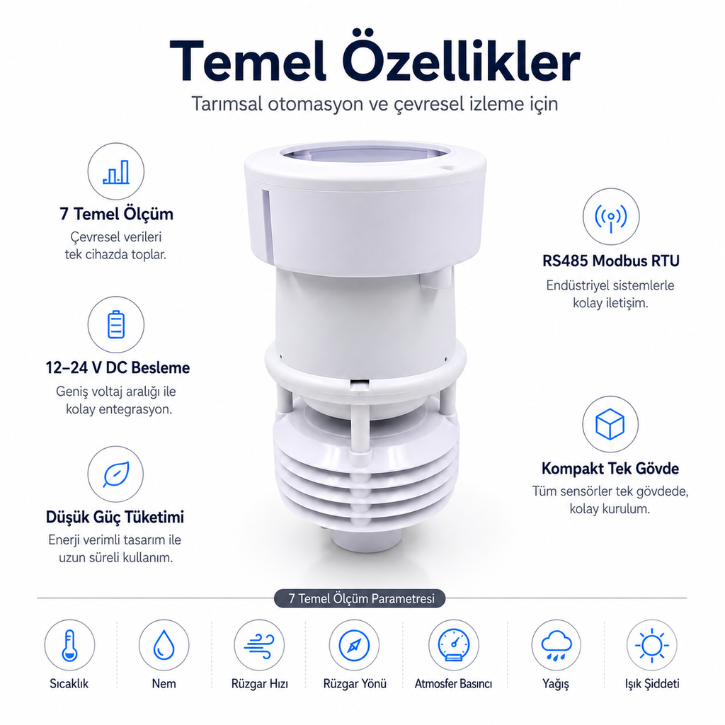 Tek Gövdeli Mini Meteoroloji İstasyonu – Rüzgâr, Isı, Nem, Basınç, Yağış ve Işık; Modbus