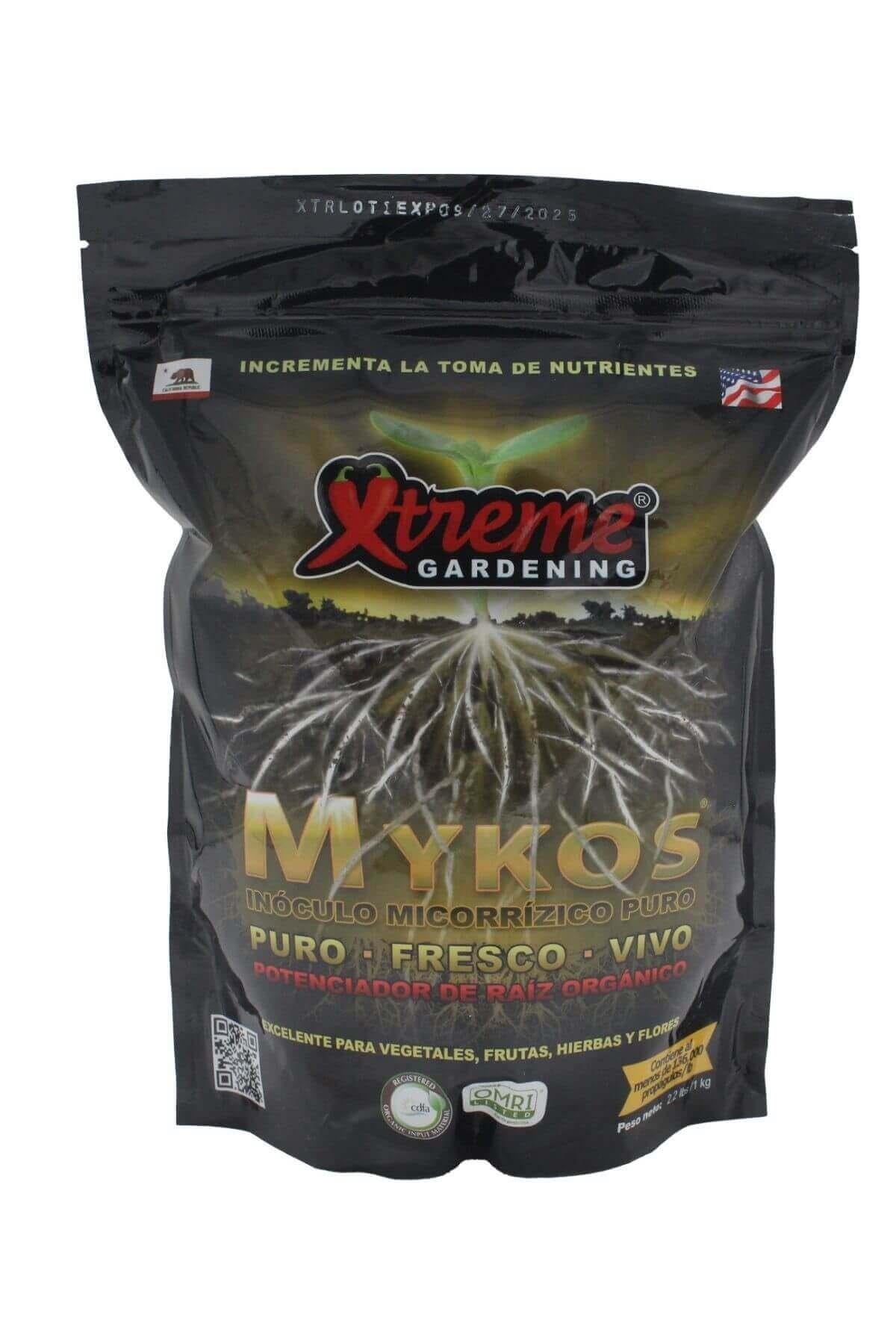 Xtreme Gardening Mykos 1 kg – büyük boy kova ambalaj ve Mykos markalı renkli ürün etiketi