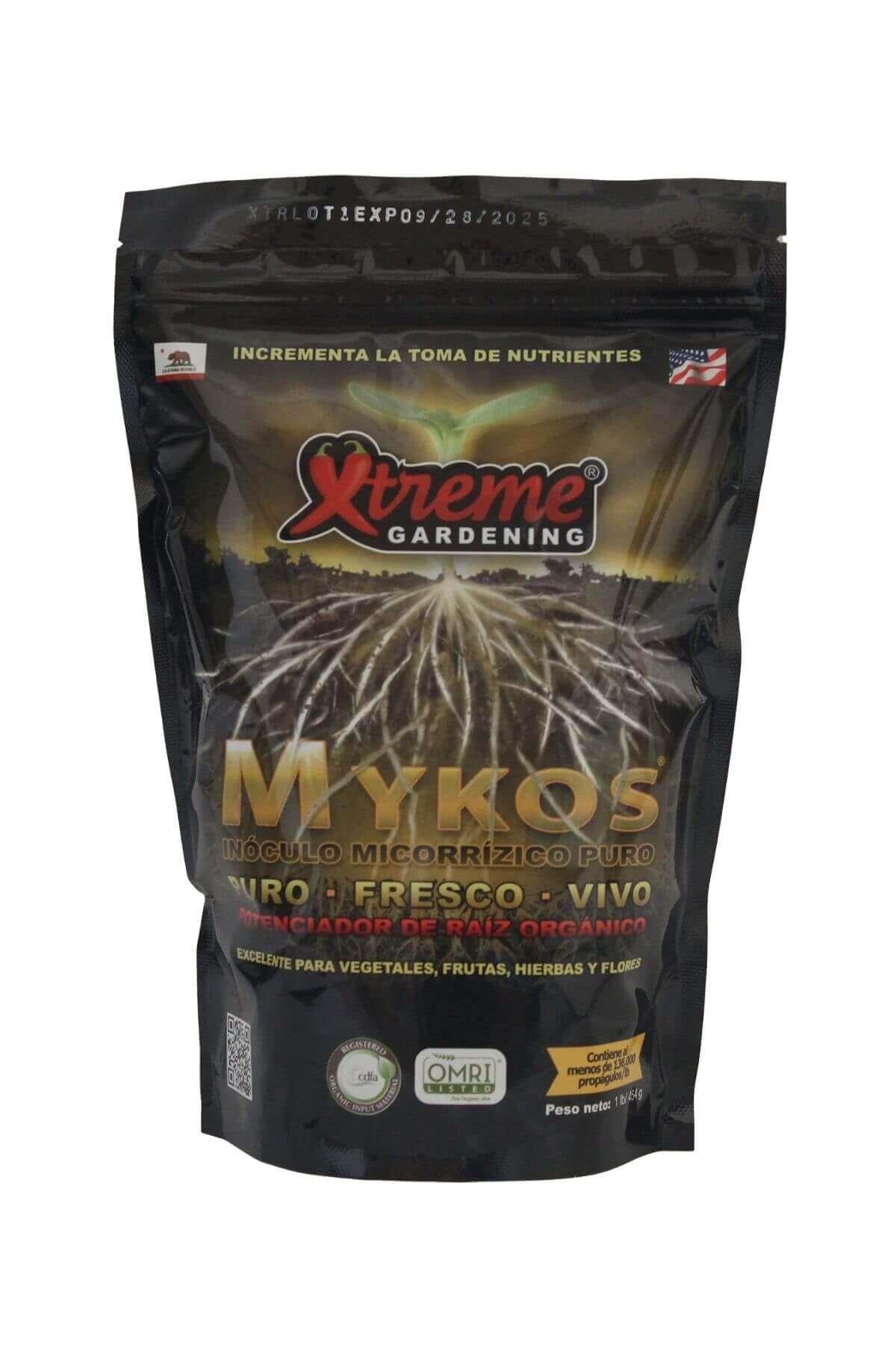 Xtreme Gardening Mykos 454 g – beyaz kavanoz ambalaj, turuncu kapak ve Mykos yazılı etiket