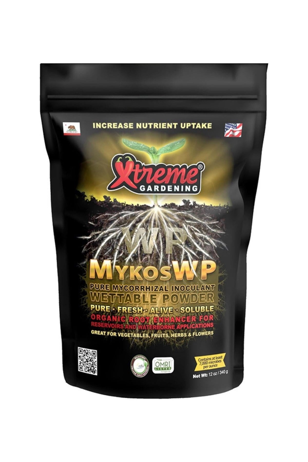 Xtreme Gardening Mykos WP 340 gr – beyaz kavanoz, Mykos WP yazılı etiket ve ince toz ürün detayı